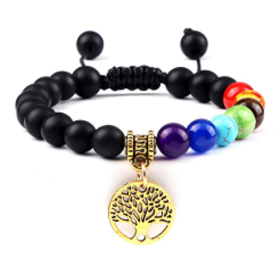 Chakra-Armband Lebensbaum + Onyx, Naturstein, handgestrickt, größenverstellbar, 8 mm Kugel, Lebenskraftstein
