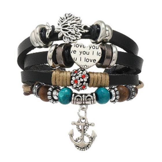 Mehrschichtiges Lederarmband, Symbol Baum des Lebens + Anker, größenverstellbar