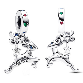 Charms Sterling Silber 925 Rudolf, magisches Weihnachtsrentier, blauer Zirkonia, Weihnachtsarmbandanhänger