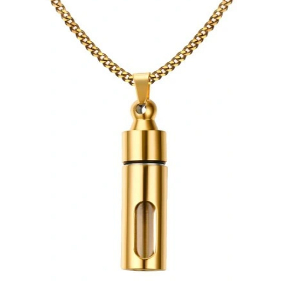 Urnen-Gedenkanhänger, Hohlrohr, wasserdicht, Edelstahl, Gold 12,6 mm x 43 mm + Kette 60 cm