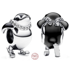 Charme Sterling Silber 925 Pinguin auf Skiern, Perle auf Armband Tier