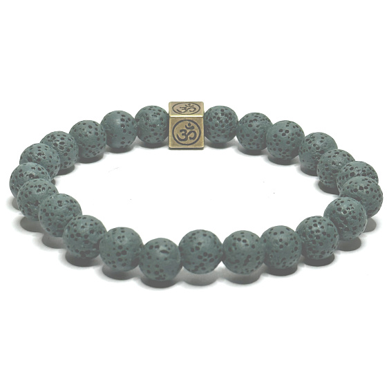 Lava dunkelgrün mit königlichem Mantra Om, Armband elastischer Naturstein, Kugel 8 mm / 16-17 cm, geboren aus den vier Elementen