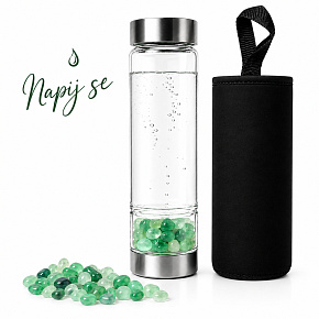 Skleněná láhev na vodu Napij se harmonie – Zelený fluorit pro klid, soustředění a rovnováhu | s vyměnitelnou minerální směsí | 500 ml Skleněná láhev na vodu Napij se harmonie – Zelený fluorit pro klid, soustředění a rovnováhu | s vyměnitelnou minerální směsí | 500 ml