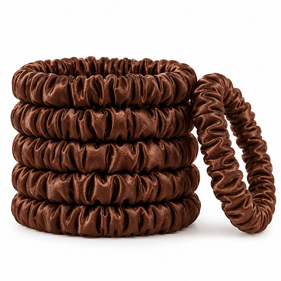 Seiden-Haargummi aus 100 % natürlicher Seide – schonendes Scrunchie, schokoladenbraun, 5 Stück