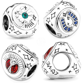 Charms Sterling Silber 925 Vierblättriges Kleeblatt, Hufeisen und Marienkäfer 3in1, Glücksarmband Bead