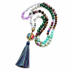 108 Mala 7 Chakra Halskette, NOC Meditationsschmuck, Naturstein, elastisch, Quaste 8 cm, Perle 6+8 mm