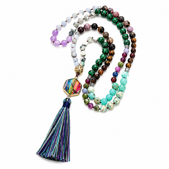 108 Mala 7 Chakra Halskette, NOC Meditationsschmuck, Naturstein, elastisch, Quaste 8 cm, Perle 6+8 mm