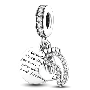 Sterling Silber 925 Ich liebe dich immer und für immer - Fußabdrücke, 2in1 Anhänger für Armband Familie