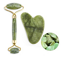 Jade Gua Sha 5 x 8 cm + Massagerolle 14 x 5,5 cm reduziert Falten, Schwellungen, verbessert die Elastizität der Haut, Set ohne Verpackung
