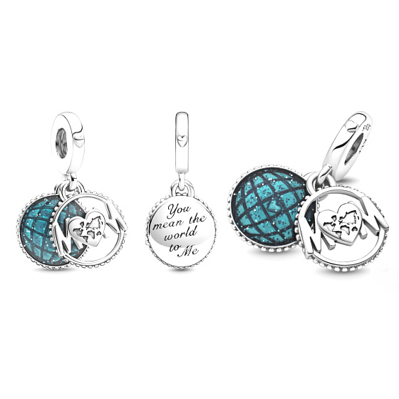 Sterling Silber 925 Glitzernde Weltkugel und das Wort Mum 2in1, Familienarmband-Anhänger
