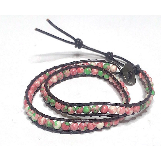 Marmor Rose Rot Leder Braun Armband Naturstein Wickelperle handgestrickt 6 mm / ca. 34 cm + 5 cm