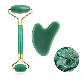 Chalcedon Gua Sha 5 x 8 cm + Massagerolle 14 x 5,5 cm reduziert Falten, Schwellungen, verbessert die Elastizität der Haut, Set ohne Verpackung
