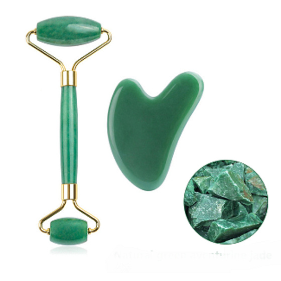 Chalcedon Gua Sha 5 x 8 cm + Massagerolle 14 x 5,5 cm reduziert Falten, Schwellungen, verbessert die Elastizität der Haut, Set ohne Verpackung