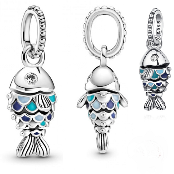 Sterling Silber 925 Blauer schuppiger Fisch, Tierarmband-Anhänger