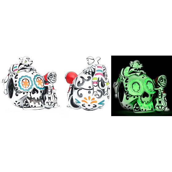 Charms Sterling Silber 925 Disney Pixar Coco Miguel & Dante Totenkopf leuchten im Dunkeln, Leuchtperlen Armband, Halloween