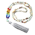 108 Mala 7 Chakra Halskette, Amazonit, Meditationsschmuck, Naturstein geknüpft, elastisch, Quaste 8 cm, Perle 6 mm