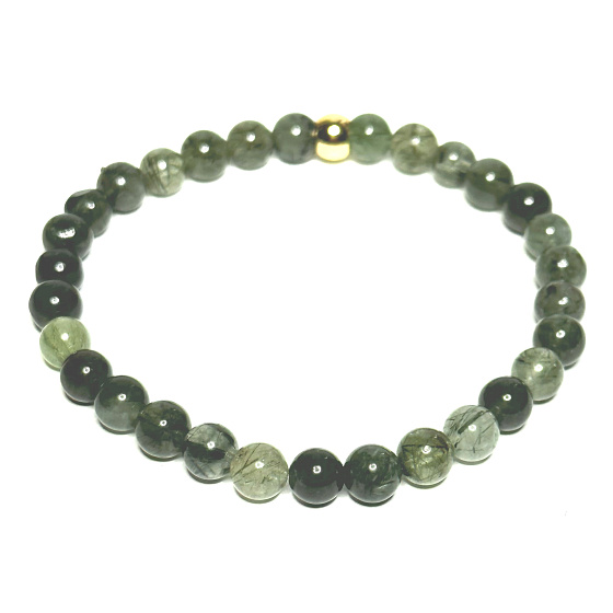 Kristall mit Aktinolith Armband elastisch Naturstein, Perle 6 mm / 16 - 17 cm, Gold Perle, Stein Steine