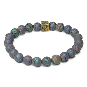 Lava Platin mit königlichem Mantra Om, Armband elastischer Naturstein, Kugel 8 mm / 16-17 cm, geboren aus den vier Elementen