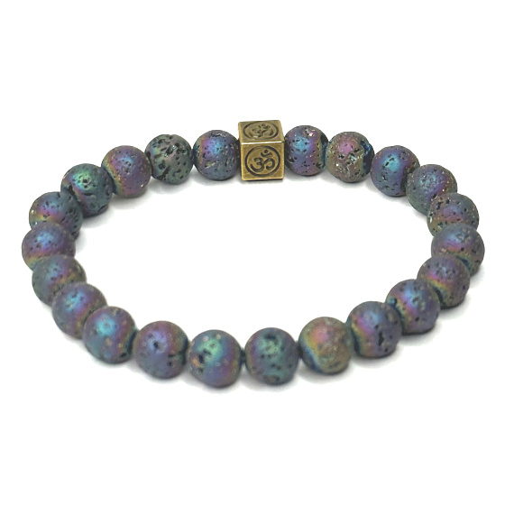 Lava Platin mit königlichem Mantra Om, Armband elastischer Naturstein, Kugel 8 mm / 16-17 cm, geboren aus den vier Elementen