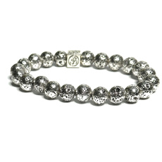 Lava Silber Farbe dunkel plattiert mit königlichen Mantra Om, Armband elastisch Naturstein, Perle 8 mm / 16-17 cm, geboren von den vier Elementen