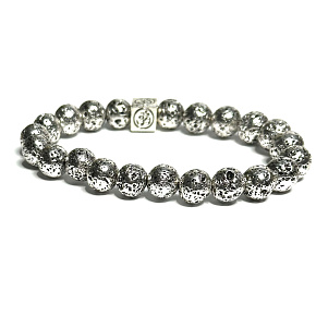 Lava Silber Farbe dunkel plattiert mit königlichen Mantra Om, Armband elastisch Naturstein, Perle 8 mm / 16-17 cm, geboren von den vier Elementen