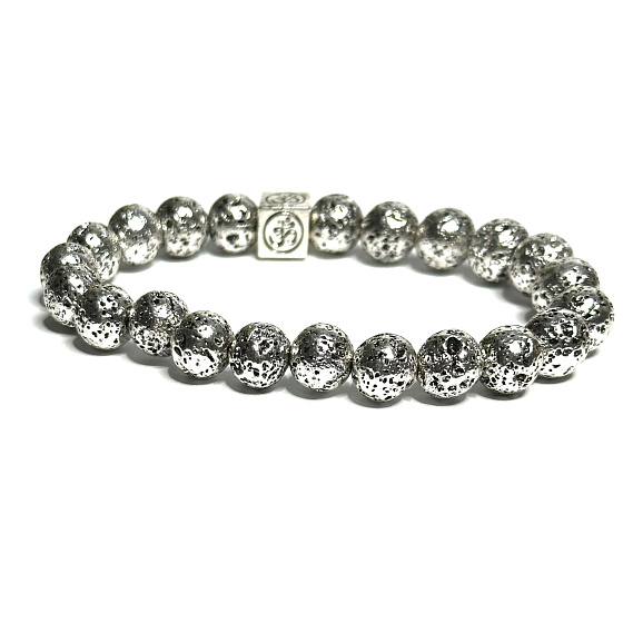 Lava Silber Farbe dunkel plattiert mit königlichen Mantra Om, Armband elastisch Naturstein, Perle 8 mm / 16-17 cm, geboren von den vier Elementen