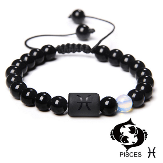 Onyx Fische Sternzeichen, Natursteinarmband, 8mm Kugel/ verstellbare Größe, Lebenskraftstein