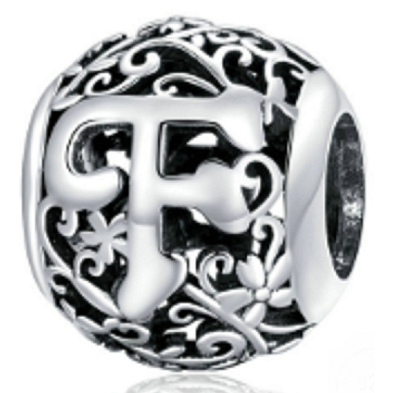 Sterling Silber 925 Magic Alphabet Buchstabe F mit Blumen, Perle für Armband