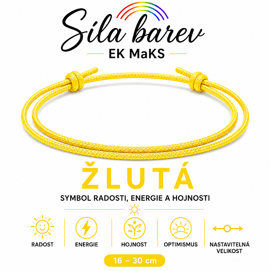 Šňůrkový náramek Síla barev – Žlutá | Symbol radosti, energie a hojnosti | nastavitelný 16 - 30 cm