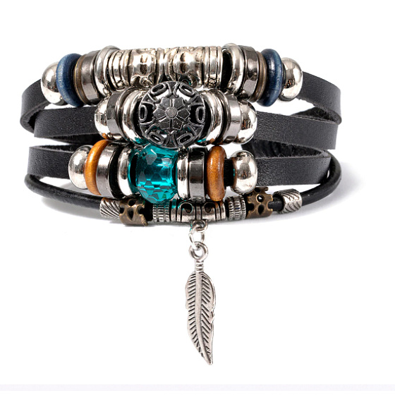 Mehrschichtiges Lederarmband, Federsymbol größenverstellbar