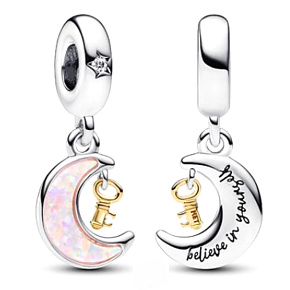 Charme Sterling Silber 925 Mond und Schlüssel, Zirkonia, rosa Opal im Labor erstellt, Armband Anhänger Universum