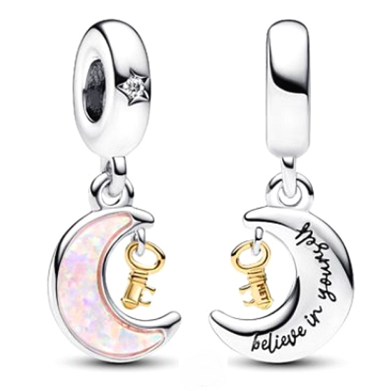 Charme Sterling Silber 925 Mond und Schlüssel, Zirkonia, rosa Opal im Labor erstellt, Armband Anhänger Universum