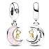 Charme Sterling Silber 925 Mond und Schlüssel, Zirkonia, rosa Opal im Labor erstellt, Armband Anhänger Universum