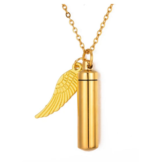 Urnen-Gedenkanhänger, Engelsflügel Gold wasserdicht, Edelstahl 9 x 37 mm + Kette 56 cm