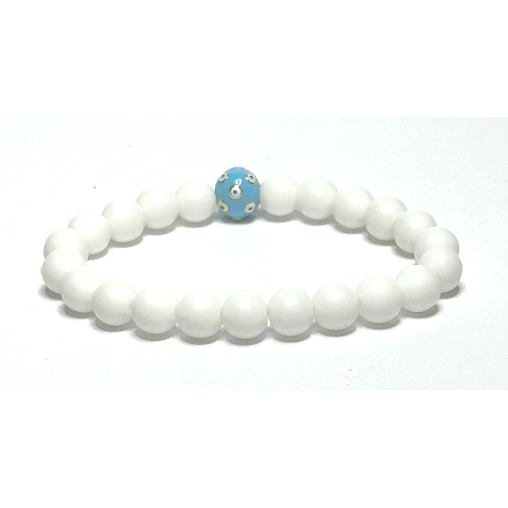 Achat weiß matt + Blaues Auge Armband elastisch Naturstein, Perle 8 mm / 16-17 cm, sorgt für Frieden und Ruhe