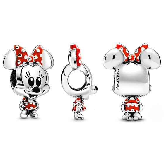 Charm Sterling Silber 925 Disney Minnie Mouse Maus mit Polka Dot Kleid und Schleife, Perle am Armband