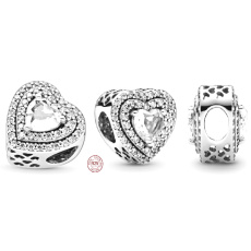 Charme Sterling Silber 925 Glänzende Herzen, Perle am Armband, Liebe