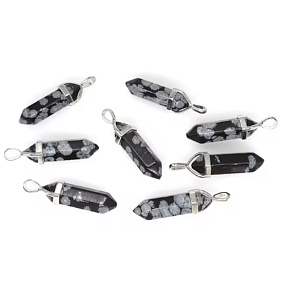 Obsidian Schneeflocken Pendel Hexagon Anhänger Naturstein 41 x 13 mm, handgeschnitzt, Rettungsstein, 1 Stück