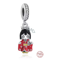 Charm Sterlingové stříbro 925 Japonská panenka Kokeshi v červeném kimonu, Gejša, přívěsek na náramek cestování Charm Sterlingové stříbro 925 Japonská panenka Kokeshi v červeném kimonu, Gejša, přívěsek na náramek cestování
