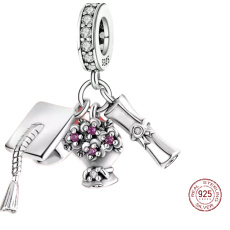 Sterling Silber 925 Graduation - Abschlusskappe, Diplom, Blumen, 3in1 Graduate-Anhänger am Armband