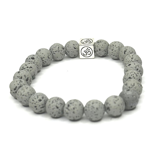 Lava hellgrau mit königlichem Mantra Om, Armband elastischer Naturstein, Kugel 8 mm / 16-17 cm, geboren aus den vier Elementen