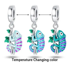 Charms Sterling Silber 925 Thermo - Chamäleon auf einem Zweig wechselnde Farbe, Anhänger für Armband, Tier