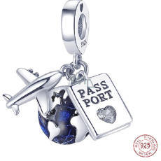 Charms Sterling Silber 925 Round the world, Globus, Reisepass, Flugzeug, 3in1 Reise Armband Anhänger Charms Sterling Silber 925 Round the world, Globus, Reisepass, Flugzeug, 3in1 Reise Armband Anhänger