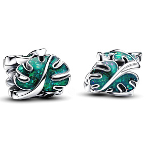 Charm Sterling Silber 925 Tropische Pflanze Monstera, Perle auf Armband Pflanze