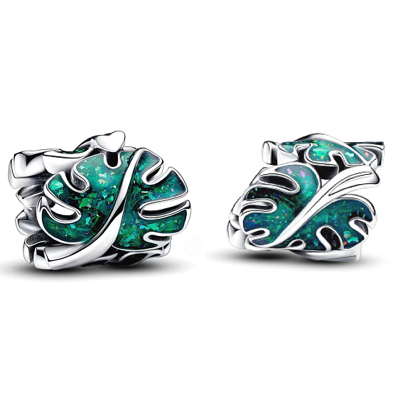 Charm Sterling Silber 925 Tropische Pflanze Monstera, Perle auf Armband Pflanze