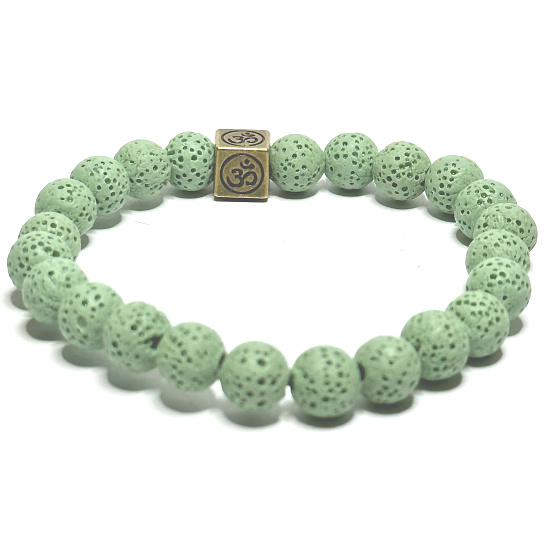 Lava hellgrün mit königlichem Mantra Om, Armband elastischer Naturstein, Kugel 8 mm / 16-17 cm, geboren aus den vier Elementen