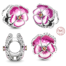 Charme Sterling Silber 925 Rosa Stiefmütterchen, Perle am Armband Natur