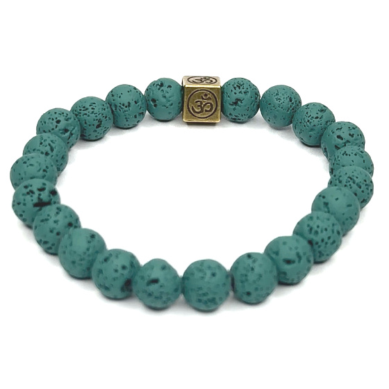 Lava dunkelgrün mit königlichem Mantra Om, Armband elastischer Naturstein, Kugel 8 mm / 16-17 cm, geboren aus den vier Elementen