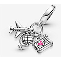 Sterling Silber 925 Around the world, Flugzeug, Globus und Koffer, 3in1 Reise-Armband-Anhänger