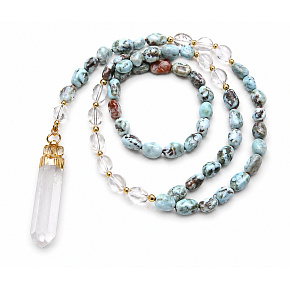 108 Mala Larimar Halskette Meditationsschmuck, Naturstein Rohkristall, Nugget 6 - 9 mm, Anhänger 8 - 15 x 45 - 70 mm